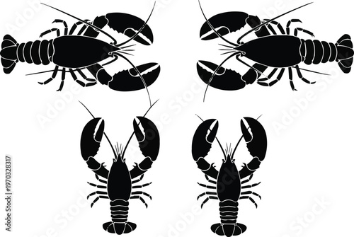 Four black silhouette lobsters arranged in two rows, showcasing their claws and segmented bodies.