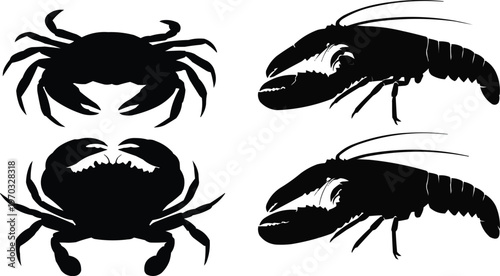 Black silhouette illustrations of two crabs and two lobsters on a white background