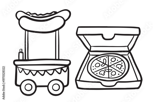 Hot dog cart and open pizza box illustration with street food with food stand with fast food with line art