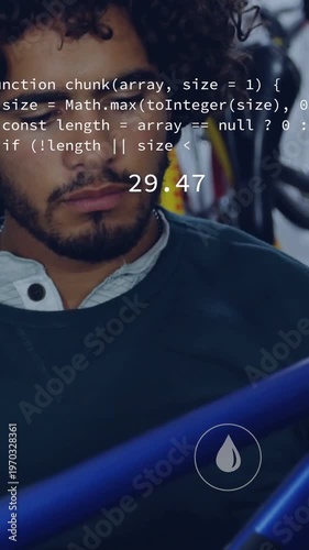 Vertical video: Overlays appearing, bike tech inspecting blue frame in bike shop, scanning codes