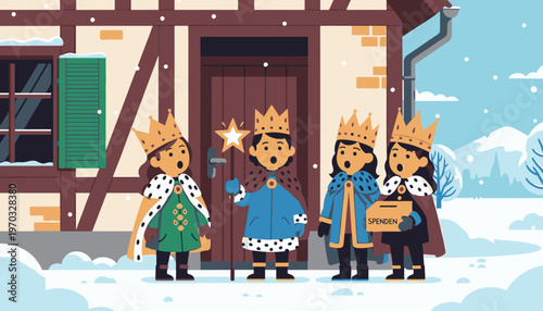 Cartoon illustration of four kings wearing crowns standing in front of a traditional half-timbered house on a snowy day with a blue sky.
