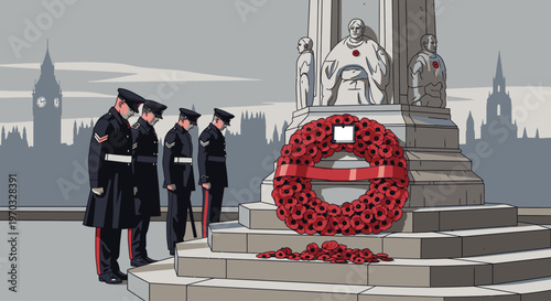 Illustration of British police officers saluting a war memorial with a poppy wreath in London against a city skyline background with a somber mood.