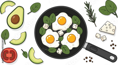 Frying pan with fried eggs, spinach, and cheese cubes, surrounded by avocado slices, tomato, rosemary, and spices.