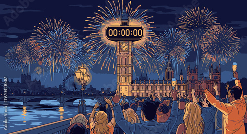 Illustration of a crowd of people watching fireworks display over Big Ben and Westminster Bridge at night with a countdown timer.