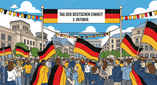 Illustration of a lively crowd celebrating with German flags and banners in a city street with a festive atmosphere.