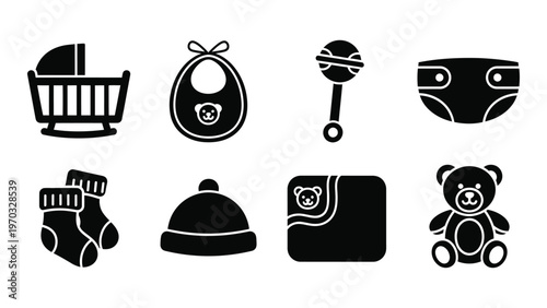 A collection of black silhouette icons depicts essential baby items including a crib bib rattle and diaper high quality professional detailed