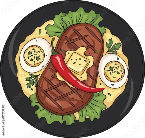 Delicious grilled steak with butter, chili pepper, boiled eggs, and lettuce on a plate.