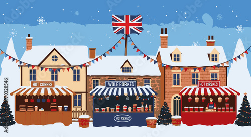 Illustration of a quaint British town street with snow-covered buildings, a Union Jack flag, and festive decorations at night.