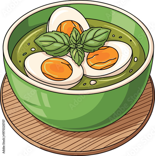 Bowl of green soup with three hard-boiled eggs and fresh basil garnish, a comforting and flavorful dish.