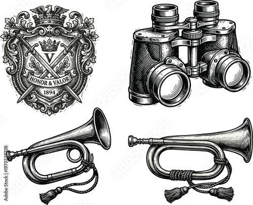 A vintage illustration of military symbols and musical instruments on a white background