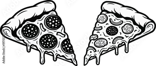 Two slices of pepperoni and vegetable pizza with dripping cheese, black and white vector illustration.