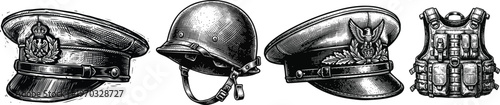 A collection of vintage military helmets and hats on a white background