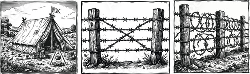 A black and white illustration of a tent and barbed wire fences in a rural setting