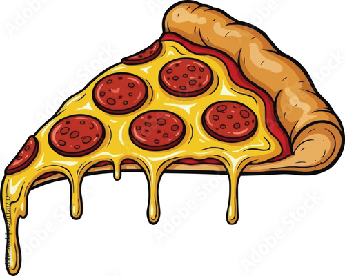 Slice of pepperoni pizza with dripping cheese, a delicious and tempting Italian fast food classic.