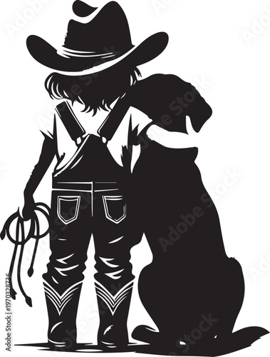 Western cowboy silhouette with lasso rope, rancher character vector