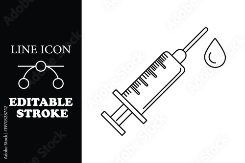 Black line of a syringe with a droplet line editable stroke medical injection vaccine