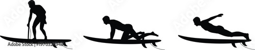 Black silhouette illustration of surfer practicing progression exercises on surfboard, showing 