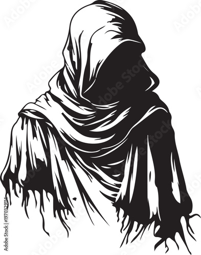 Mysterious Hiker in Hooded Robe with Backpack and Staff - Journey Symbol