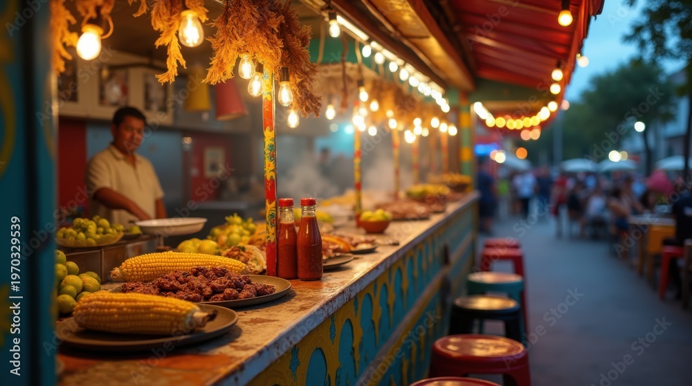 Fototapeta premium Colorful Latin American street food stand with tacos al pastor