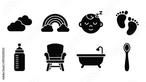 A collection of simple black glyph icons representing baby related items like a bottle chair bath and sleeping child high quality