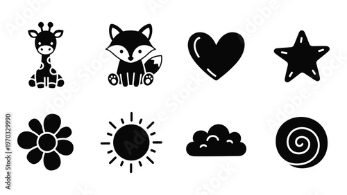 A collection of simplistic black and white icons depicting a giraffe fox heart star flower sun clouds and spiral high quality