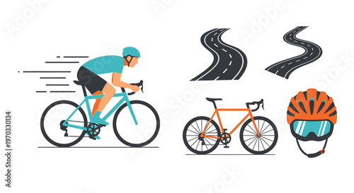 Cyclist on bicycle with accessories and road illustrations against a white backdrop