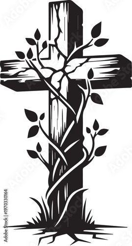 Christian Cross with Vine and Leaves - Spiritual Growth Symbol