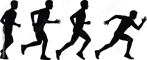 Black silhouette set of a man running in different stages and poses isolated on white background for fitness sport healthy lifestyle and marathon concepts