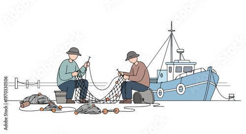 Minimal flat vector illustration of fishermen repairing fishing nets beside their boat at the harbor dock, simple characters, coastal livelihood concept, white background