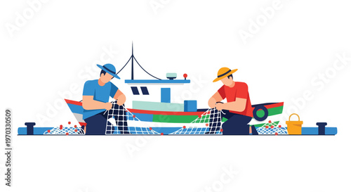A minimal flat vector artwork depicting fishermen mending fishing nets beside their vessel at the dock, using simple characters, a coastal livelihood concept, and a white background.
