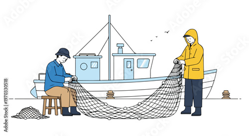 A minimal flat vector illustration of fishermen repairing fishing nets beside their boat at the harbor dock, featuring simple characters, a coastal livelihood concept, and a white background.