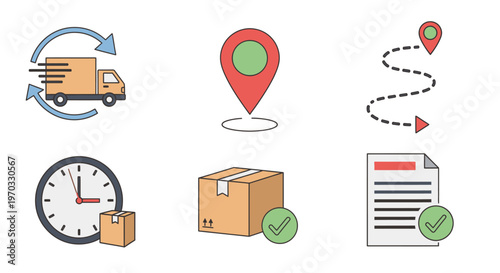 Delivery icons depicting transportation location time and order fulfillment