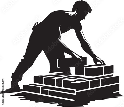 Bricklayer Working Icon - Construction Worker Laying Bricks