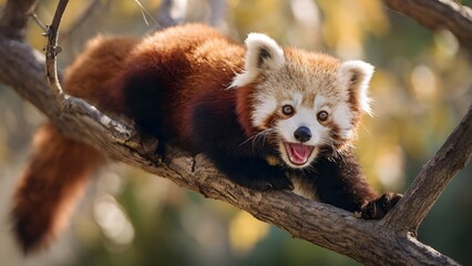 Red panda climbing on a tree branch in forest environment with natural sunlight