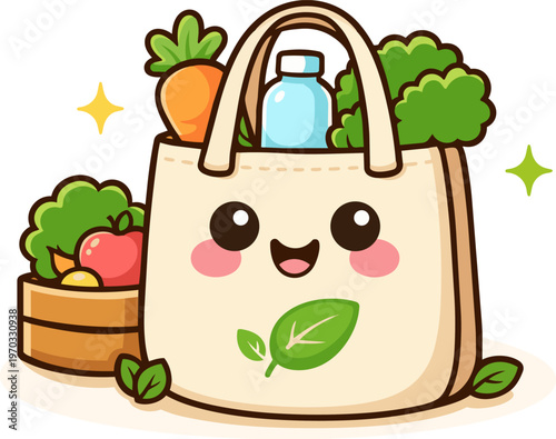 Kawaii eco shopping bag with vegetables and water bottle, cute reusable bag character with smiling face and blush cheeks, zero waste concept, flat vector style, thick outline