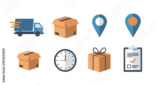 Delivery and logistics icons shipping truck boxes time and location