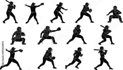 Female Softball and Baseball Player Silhouettes Set Featuring Batting Pitching and Fielding Poses with Catcher Gear Isolated Black Vector Illustrations on White Background