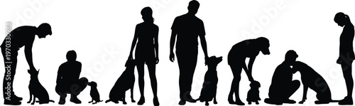 Black silhouettes of people and dogs standing sitting and interacting in a row isolated on white background depicting pet ownership and animal companionship (24 words)