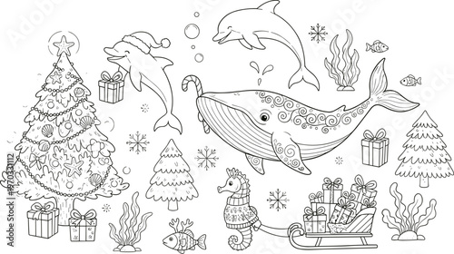 Vector illustration of underwater Christmas scene with dolphins, whale, seahorse, and decorated tree in coloring page style