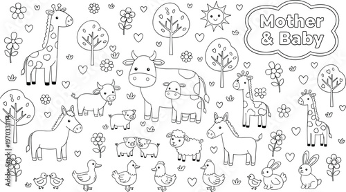 Black‑and‑white vector illustration of mother and baby animals symbolizing parenthood, nurturing, and family bonds