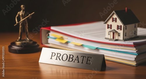 Probate process with miniature house and legal documents on wooden desk