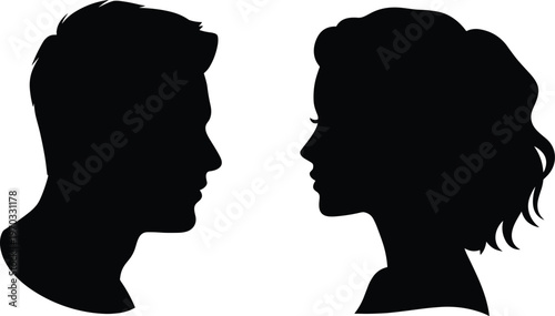 Black silhouettes of two human profiles facing each other, short hair and wavy hairstyle figures symbolizing communication, dialogue, gender contrast, relationship, and interaction illustration