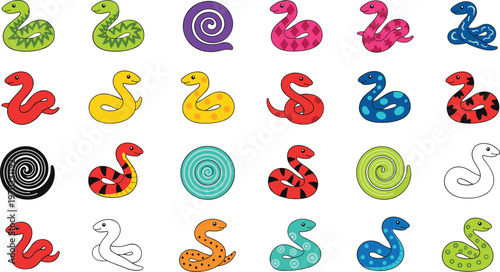 Colorful vector illustration of cartoon snakes symbolizing diversity, pattern variation, and playful character design