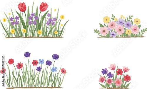 Colorful vector illustration of flower beds symbolizing nature, diversity, and cheerful garden design