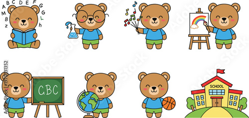 Colorful vector illustration of school bears symbolizing education, learning, and classroom activities