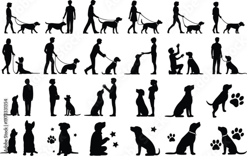Dog and human silhouette illustration, diverse activities including walking, training, playing, companionship theme, paw print decorative elements, vector art, black silhouettes, isolated, bold design
