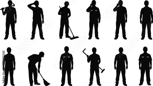 Construction Worker Silhouettes Set Featuring Maintenance Staff Janitors and Industrial Laborers with Tools Professional Building Site Service Characters Isolated Vector Illustration on White