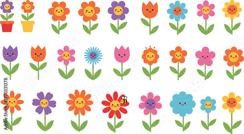 Colorful vector illustration of smiling cartoon flowers symbolizing joy, nature, and playful design