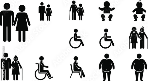Pictograms represent diverse human demographics including families, elderly, and individuals.