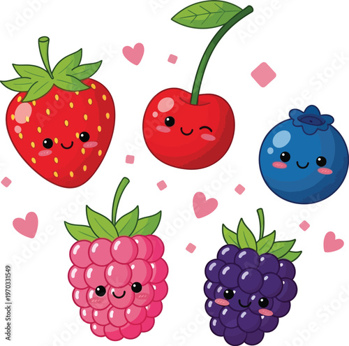 Cute anthropomorphic fruits and berries express joyful emotions with heart shapes.